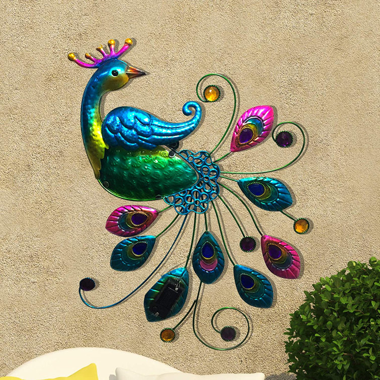 Bungalow Rose Solar Metal Wall Peacock Statue Decor Indoor & Outdoor